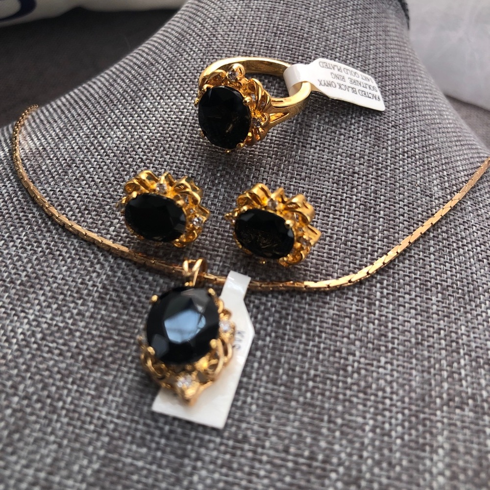 Vintage 14k gold plated faceted genuine black onxy&CZ earrings necklace ring set